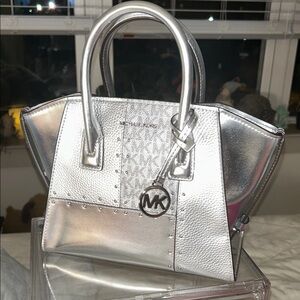 Michael Kors Metallic Silver Satchel/Crossbody Bag 10.5”x 7.5” NWT